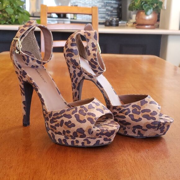 JUSTFAB Faux Suede Animal Print Heels Ankle Strap Black Brown - Picture 5 of 12